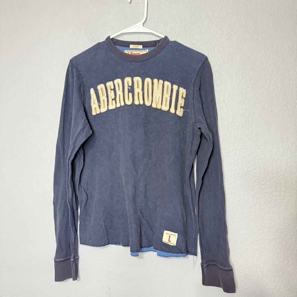 Y2K Abercrombie & Fitch Mens Large Muscle‎ Fit Thermal Waffle Knit Logo Navy